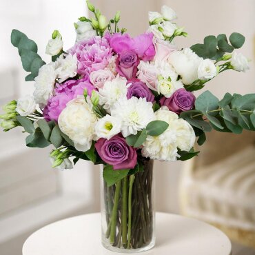 Peonies - 7, Pink rose 50 cm - 7, lisianthus - 2, Baltica White Spray Chrysanthemum - 2, Eucalyptus Cinerea, Wrapping Paper, Ribbon, Eucalyptus Cinerea