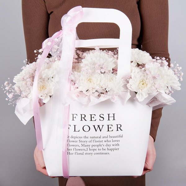 Baltica White Spray Chrysanthemum - 4, Colored gypsophila - 5, Flower bag, Oasis, Ribbon