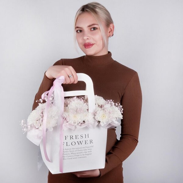 Baltica White Spray Chrysanthemum - 4, Colored gypsophila - 5, Flower bag, Oasis, Ribbon