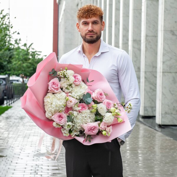 Peony rose pink 'OHara' - 9,  White Hydrangea - 3, White Matthiola - 3, Pink Lisianthus (Eustoma) - 2, lisianthus - 2, Waxflower (1 pc.), Eucalyptus Cinerea, Wrapping Paper