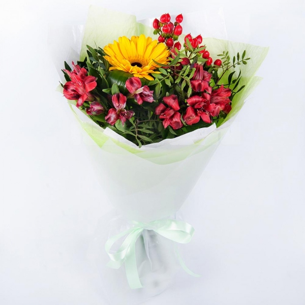 Sunflower - 3, Alstromeria Red, Bright Pink - 5, Hypericum, Salal, Wrapping Paper, Ribbon, Eucalyptus Cinerea