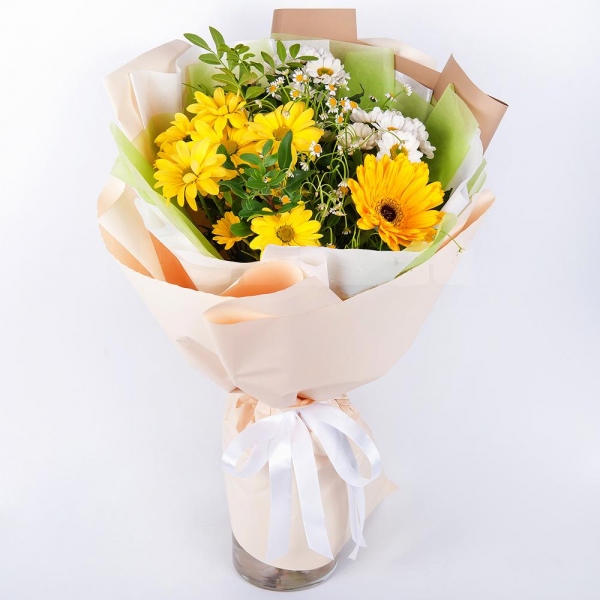 Sunflower - 3, Bacardi Yellow Spray Chrysanthemum - 2, Santini White Spray Chrysanthemum - 3, Chamomile - 2, Salal, Wrapping Paper, Ribbon