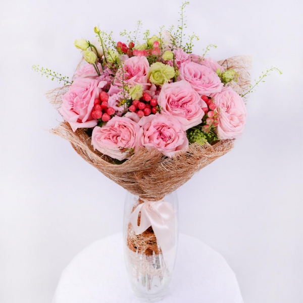 David Austin peonyroses - 15, Pink Lisianthus (Eustoma) - 8, Green bell (1 pc.), Hypericum, Mesh (Abaka), Ribbon