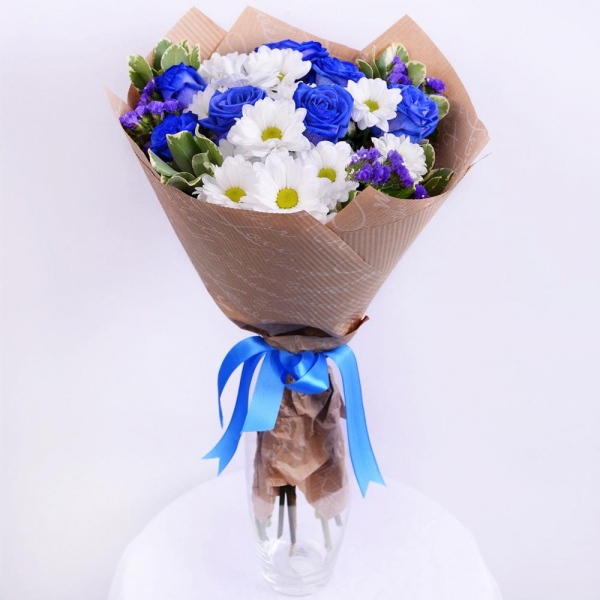 Rose blue - 11, Bacardi White Spray Chrysanthemum - 6, Pittosporum, Blue Statice, Wrapping Paper, Ribbon