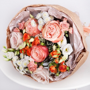 Peony rose Kahala 50 cm - 3, Rose Powder 50 cm Ecuador (Quicksand, Menta) - 2, Athos poms Stallion - 2, Spray rose 50 cm (multiple small blooms on a stem) - 2, lisianthus - 1, Carnation spray - 3, Pistachio, Paper luxury, Ribbon