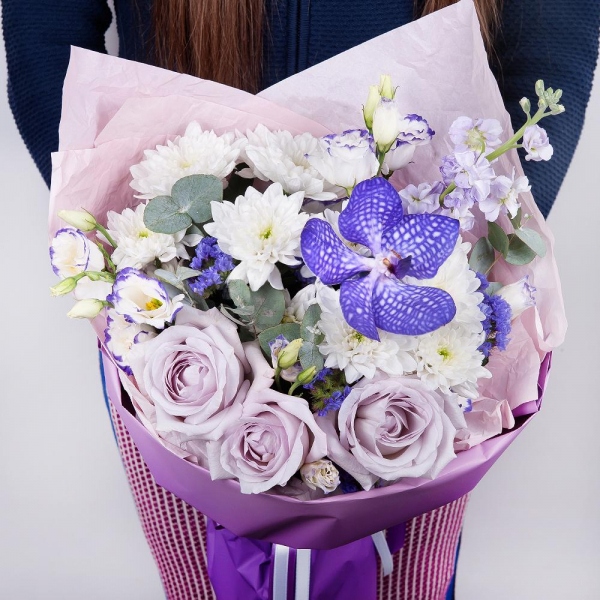 Vanda Orchid bud - 2, Baltica White Spray Chrysanthemum - 3, Purple Lisianthus (Eustoma) - 2, White Matthiola - 1, Lilac rose Bounty Way, 50 cm - 3, Flask for orchids, Blue Statice, Eucalyptus Cinerea, Wrapping Paper