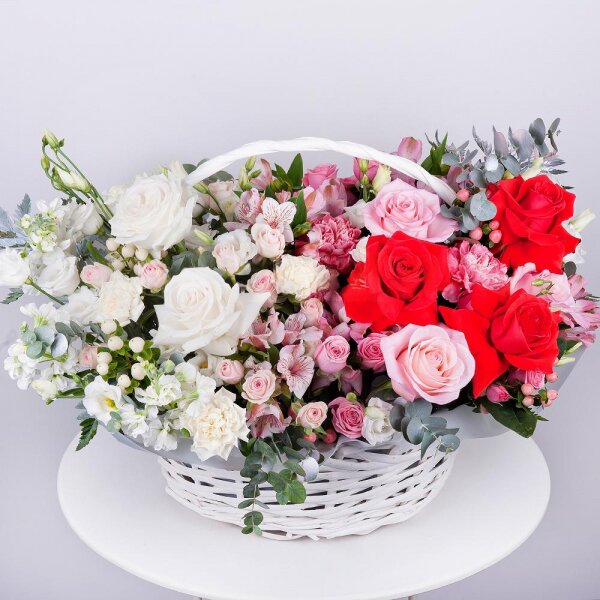Pink rose 50 cm - 3, White rose 50 cm Ecuador - 2, Carnation white, cream - 3, Bright pink spray rose mix, 50 cm - 6, Alstromeria white, soft pink - 7, White Matthiola - 3, lisianthus - 6, Red rose Nina 50 cm - 3, Pink carnation - 3, Large Basket, Oasis, Eucalyptus Cinerea, Fern (1 pc.), Hypericum