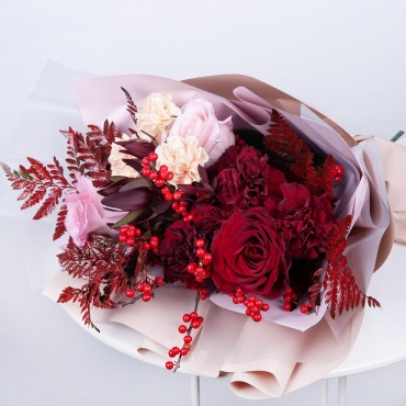 Red rose 50 cm - 1, Pink rose 50 cm - 2, Carnations - 8, Fern (1 pc.), Leukodendron, Wrapping Paper, Ribbon, Ilex
