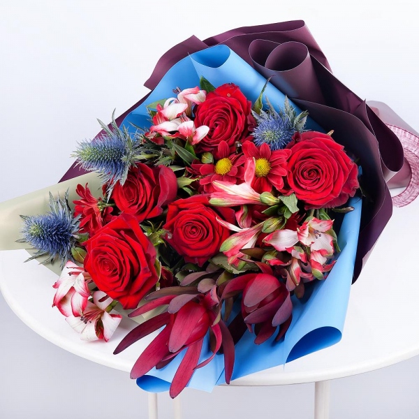 Alstromeria Red, Bright Pink - 3, Red rose 50 cm - 7, Bacardi Red Spray Chrysanthemum - 3, Leukodendron, Eryngium, Wrapping Paper, Ribbon