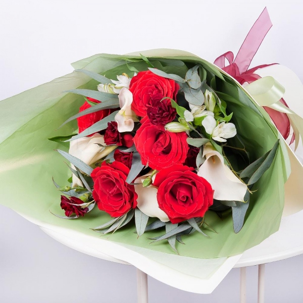 Calla lilies - 5, Red rose 50 cm - 6, Alstromeria white, soft pink - 4, Carnation spray - 5, Eucalyptus, Wrapping Paper