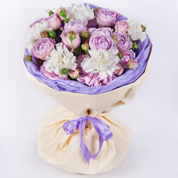Peony sprayrose - 7, Alstromeria white, soft pink - 8, Wrapping Paper, Ribbon