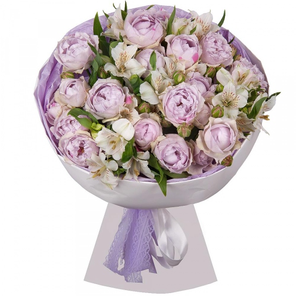 Peony sprayrose - 7, Alstromeria white, soft pink - 8, Wrapping Paper, Ribbon