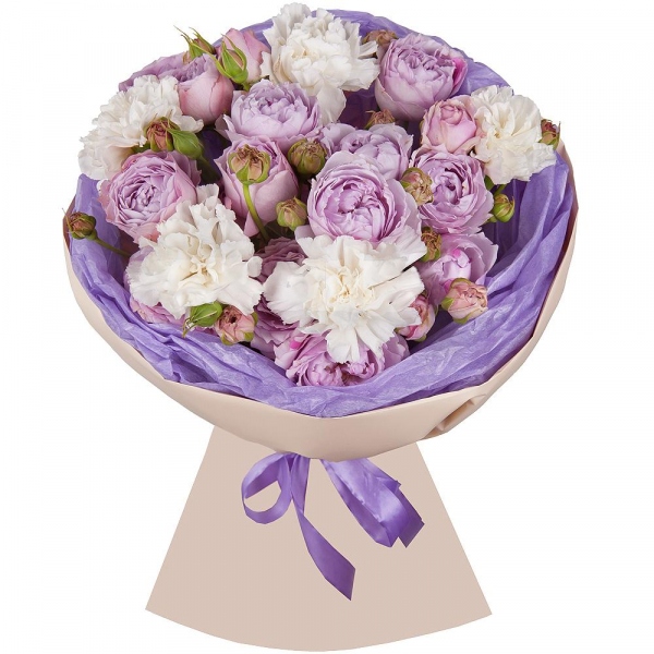 Peony sprayrose - 7, Alstromeria white, soft pink - 8, Wrapping Paper, Ribbon