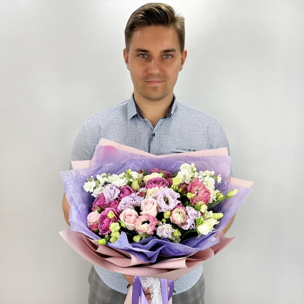 White anemone - 6, Spray peony rose Misty Bubbles, 50 cm - 3, lisianthus - 1, White Matthiola - 3, Pink rose 50 cm - 7, Purple Lisianthus (Eustoma) - 2, Pistachio, Wrapping Paper