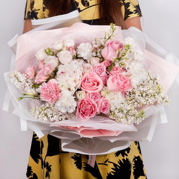 Rose Pink 50 cm Ecuador (Chelo, Hermosa, Novia, Titanik, Engagement, Pink Mondiale) - 9, Pink carnation - 5, Peony white - 3, lisianthus - 2, Peony sprayrose - 5, White Lilac - 3, Carnation white, cream - 4, Wrapping Paper