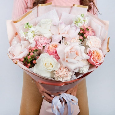 Rose Pink 50 cm Ecuador (Chelo, Hermosa, Novia, Titanik, Engagement, Pink Mondiale) - 3, White rose 50 cm Ecuador - 2, Peony rose Kahala 50 cm - 3, Carnations - 5, Matthiola Lilac - 2, Baltica White Spray Chrysanthemum - 2, Hypericum, Wrapping Paper, Ribbon