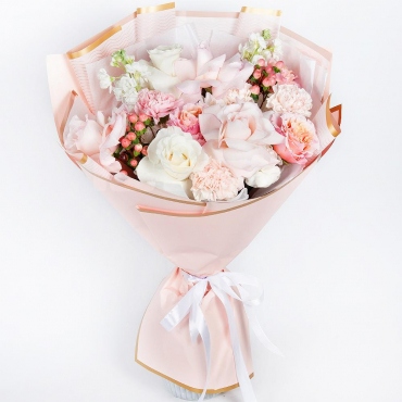 Rose Pink 50 cm Ecuador (Chelo, Hermosa, Novia, Titanik, Engagement, Pink Mondiale) - 3, White rose 50 cm Ecuador - 2, Peony rose Kahala 50 cm - 3, Carnations - 5, Matthiola Lilac - 2, Baltica White Spray Chrysanthemum - 2, Hypericum, Wrapping Paper, Ribbon