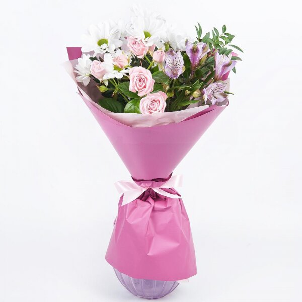 Bacardi White Spray Chrysanthemum - 2, Alstromeria lilac, purple - 1, Bright pink spray rose mix, 50 cm - 1, Wrapping Paper, Pistachio