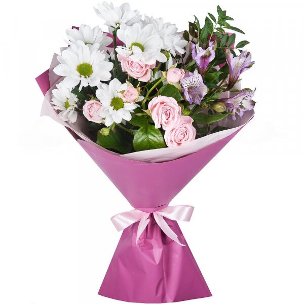 Bacardi White Spray Chrysanthemum - 2, Alstromeria lilac, purple - 1, Bright pink spray rose mix, 50 cm - 1, Wrapping Paper, Pistachio