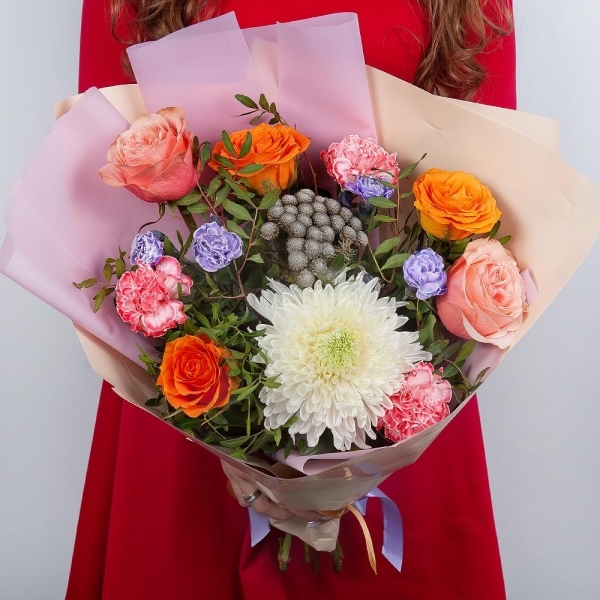 Magnum White Chrysanthemum - 1, Orange carnation - 4, Pink spray carnation - 2, Peony rose Kahala 50 cm - 2, Multicolor rose 50 cm - 4, Brunia Green Lanuginosa (1 pc.), Pistachio, Wrapping Paper, Ribbon