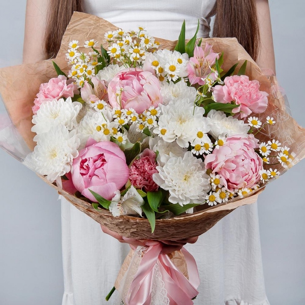 Peony pink - 3, Baltica White Spray Chrysanthemum - 4, Chamomile - 3, Alstromeria white, soft pink - 5, Pink carnation - 5, Wrapping Paper