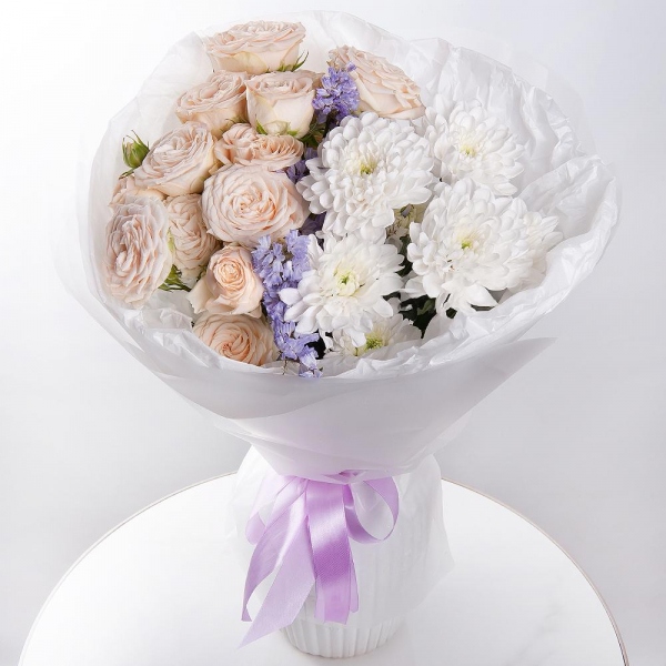 Peony sprayrose - 2, Baltica White Spray Chrysanthemum - 2, Blue Statice, Wrapping Paper