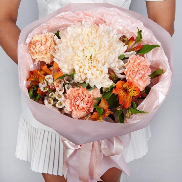 Magnum White Chrysanthemum - 1, Pink carnation - 5, Alstromeria Yellow, Orange - 3, Waxflower (1 pc.), Wrapping Paper