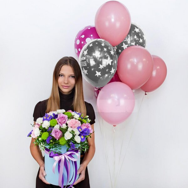 Deep Purple rose - 7, Spray rose: white, cream, light pink 50 cm - 10, Pink carnation - 4, Irises - 4, Athos pom Feeling Green - 3, Round flower box medium, Oasis, Film, Pistachio, Blue Statice, Helium Balloon (1 pc.), Ribbon