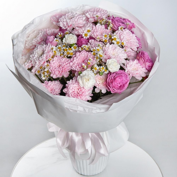 Baltica Pink Spray Chrysanthemum - 4, Peony sprayrose - 3, White spray carnation - 9, Chamomile - 5, Wrapping Paper