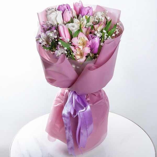 Alstromeria white, soft pink - 3, Gypsophila - 1, Pink tulip - 4, Tulip white - 5, Lilac tulip - 4, Wrapping Paper
