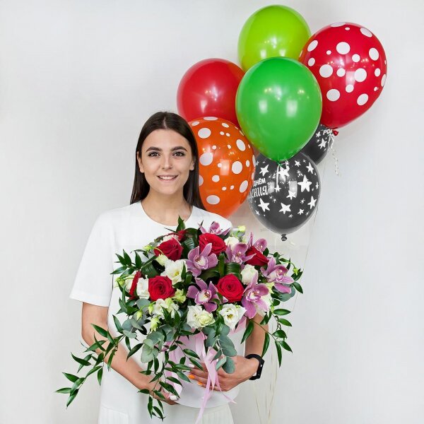 Red rose 50 cm - 7, Pink Cymbidium Orchid Bud - 7, lisianthus - 4, Round flower box medium, Film, Oasis, Eucalyptus Cinerea, Flask for orchids, Aspidistra (1 pc.), Helium Balloon (1 pc.), Ruscus italian, Ribbon