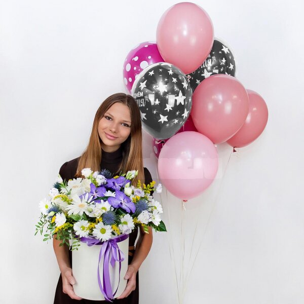 Vanda Orchid bud - 3, Gerbera white - 2, White rose 50 cm - 3, Bacardi White Spray Chrysanthemum - 3, Lilac carnation - 2, lisianthus - 4, Round flower box medium, Oasis, Film, Pistachio, Flask for orchids, Aspidistra (1 pc.), Eryngium, Solidago (1 pc.), Ribbon, Helium Balloon (1 pc.)
