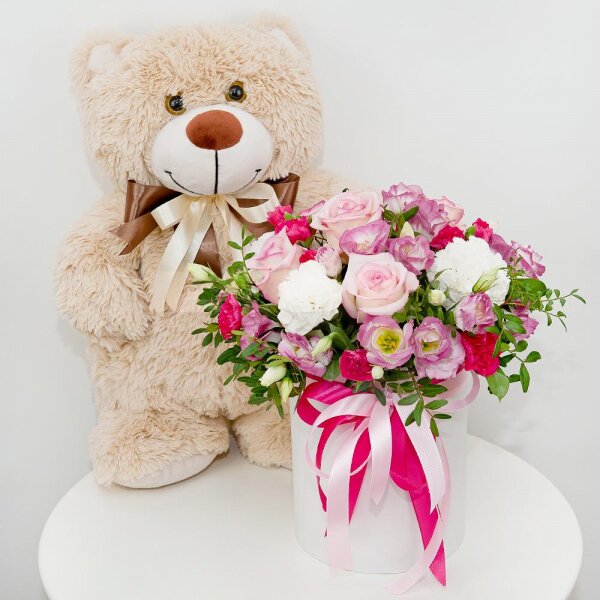 Carnation white, cream - 3, Pink Lisianthus (Eustoma) - 5, Pink spray carnation - 3, Pink rose 50 cm - 3, Round flower box small , Oasis, Film, Pistachio, Ribbon, Taddy Bear 45 cm