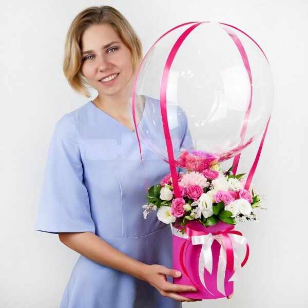 Bright pink spray rose mix, 50 cm - 5, Pink carnation - 3, lisianthus - 3, White Matthiola - 3, Round flower box small , Oasis, Film, Limonium (1 pc.), Ribbon, Transparent balloon Bubble with filling, Pistachio